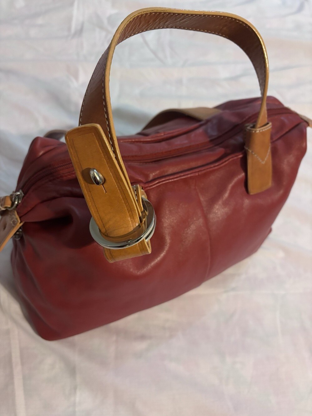 La Portal Genuine Leather Mini Duffel Bag- Red Brown Accents and Silver Hardware